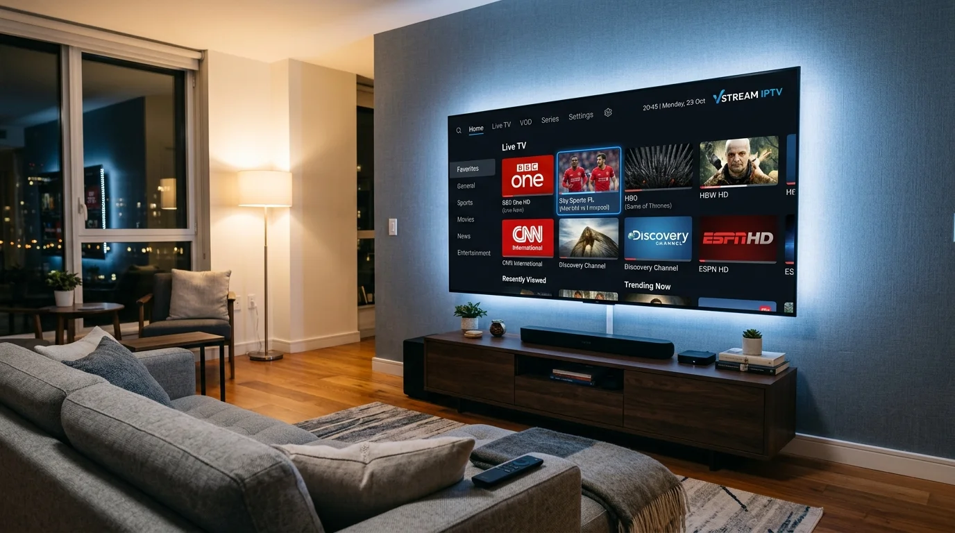 Sky Glass IPTV interface displaying live TV channels on a Smart TV