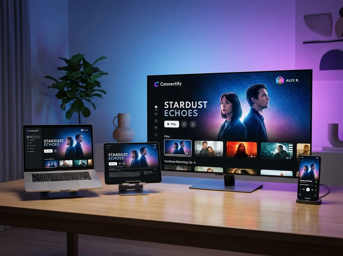Sky Glass IPTV multi-device subscription on a TV, laptop and tablet