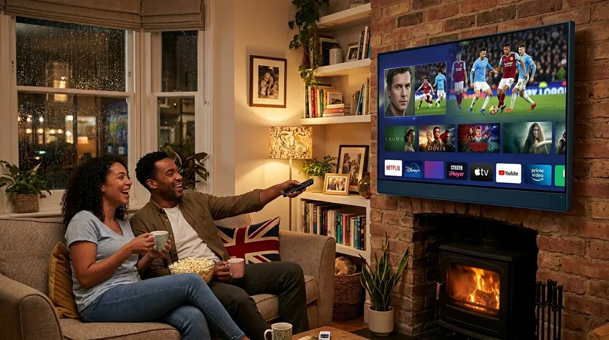 Family watching Sky Glass IPTV at home in the UK