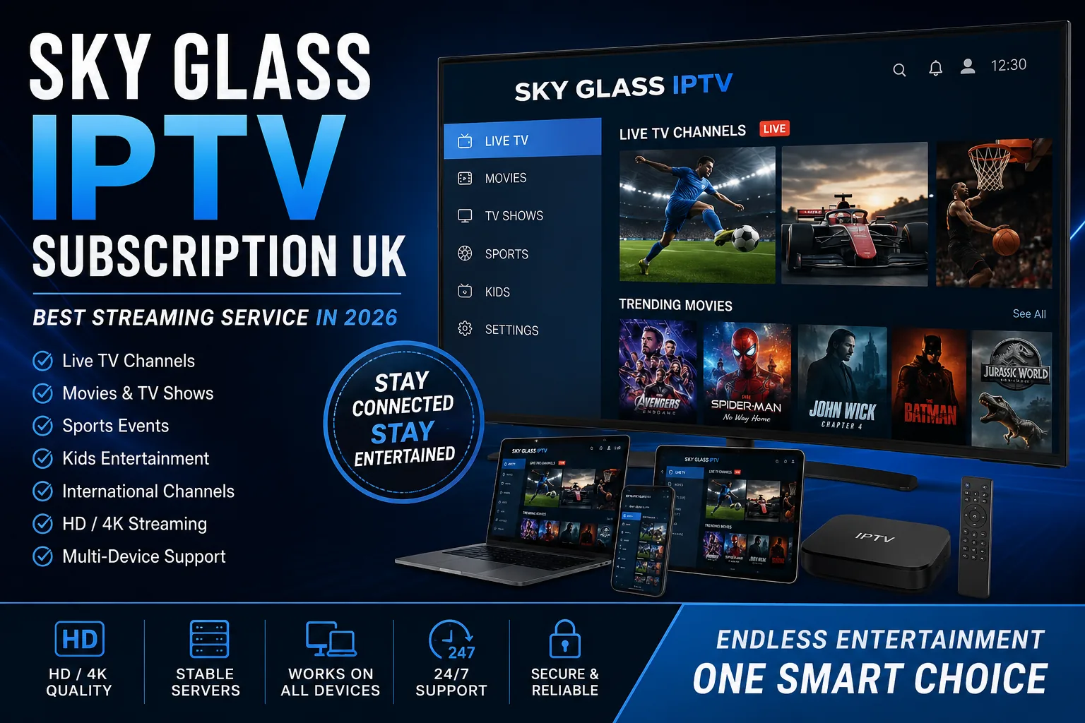 Sky Glass IPTV subscription banner showing a smart TV with live channels, sports and films, plus HD and 4K quality and multi-device support