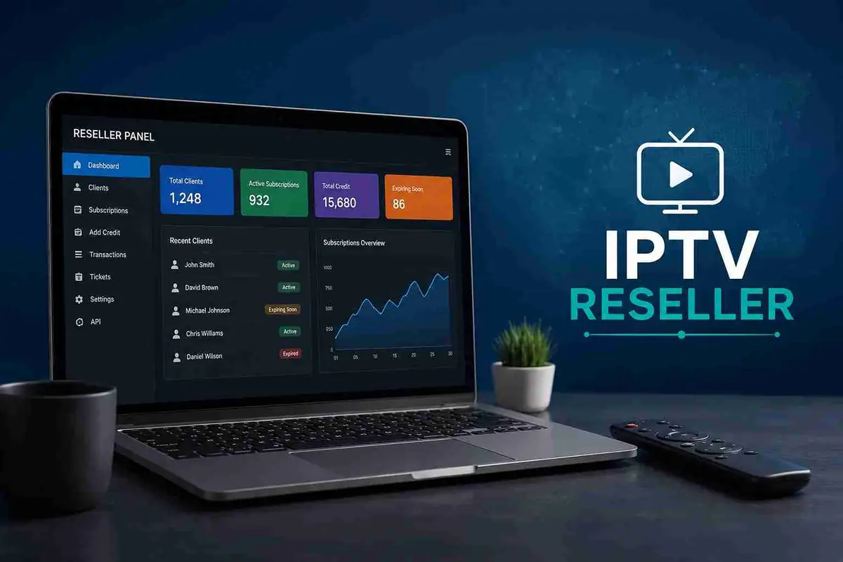 An IPTV reseller dashboard open on a laptop on a desk, beside a streaming remote and a coffee cup