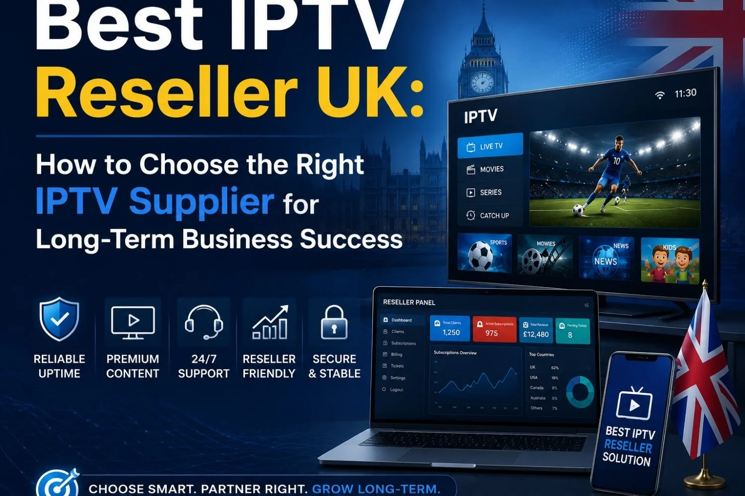 A laptop showing streaming content beside icons for reliable uptime, premium content, 24/7 support and reseller-friendly pricing