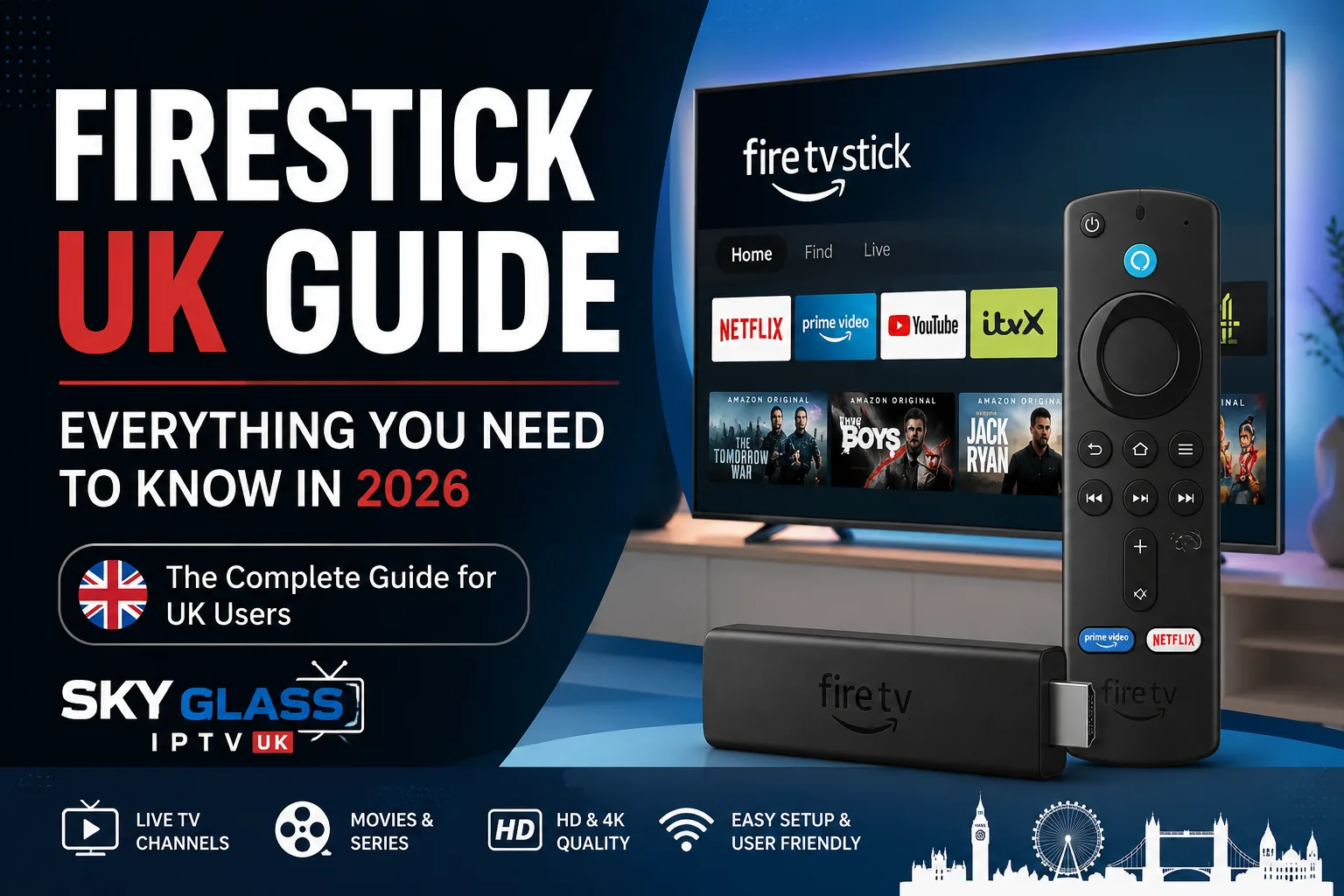 An Amazon Fire TV Stick and remote beside a television showing Netflix, YouTube, Prime Video and Disney+
