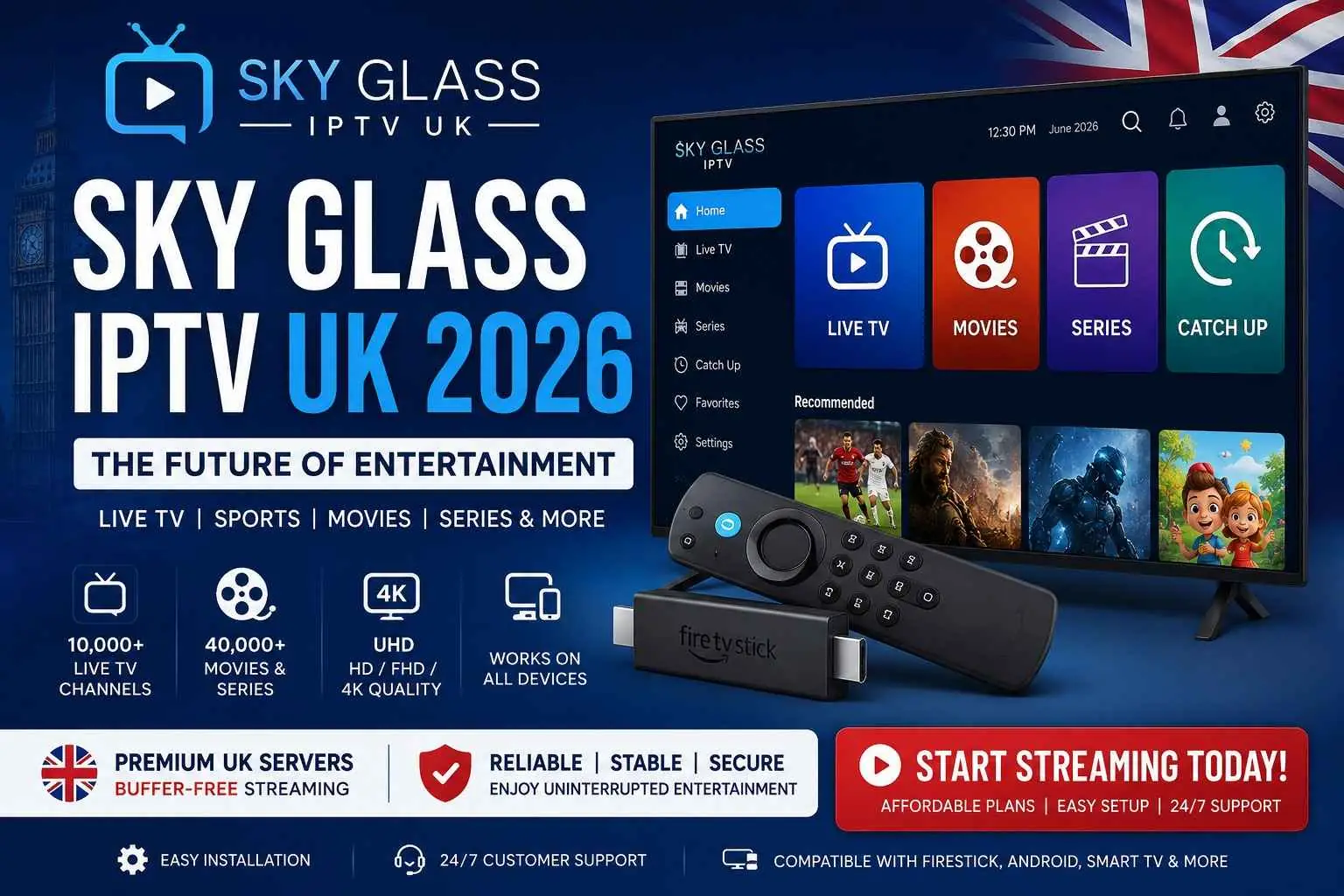 Sky Glass IPTV UK banner showing live TV, films and series on a smart TV, with premium UK servers and multi-device support