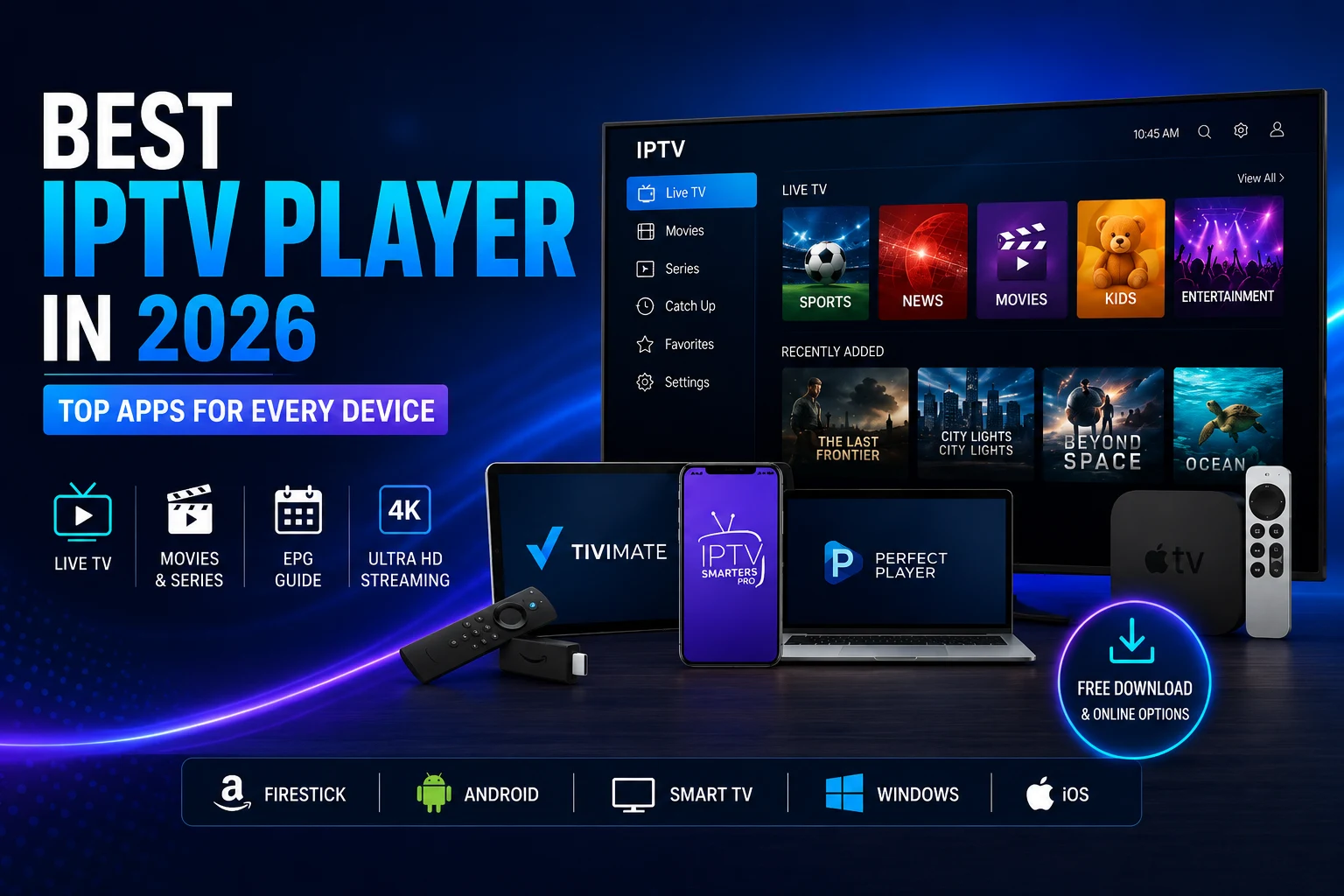 An IPTV player app running on a smart TV, tablet, phone and laptop, with Firestick, Android, Smart TV and Windows platform badges