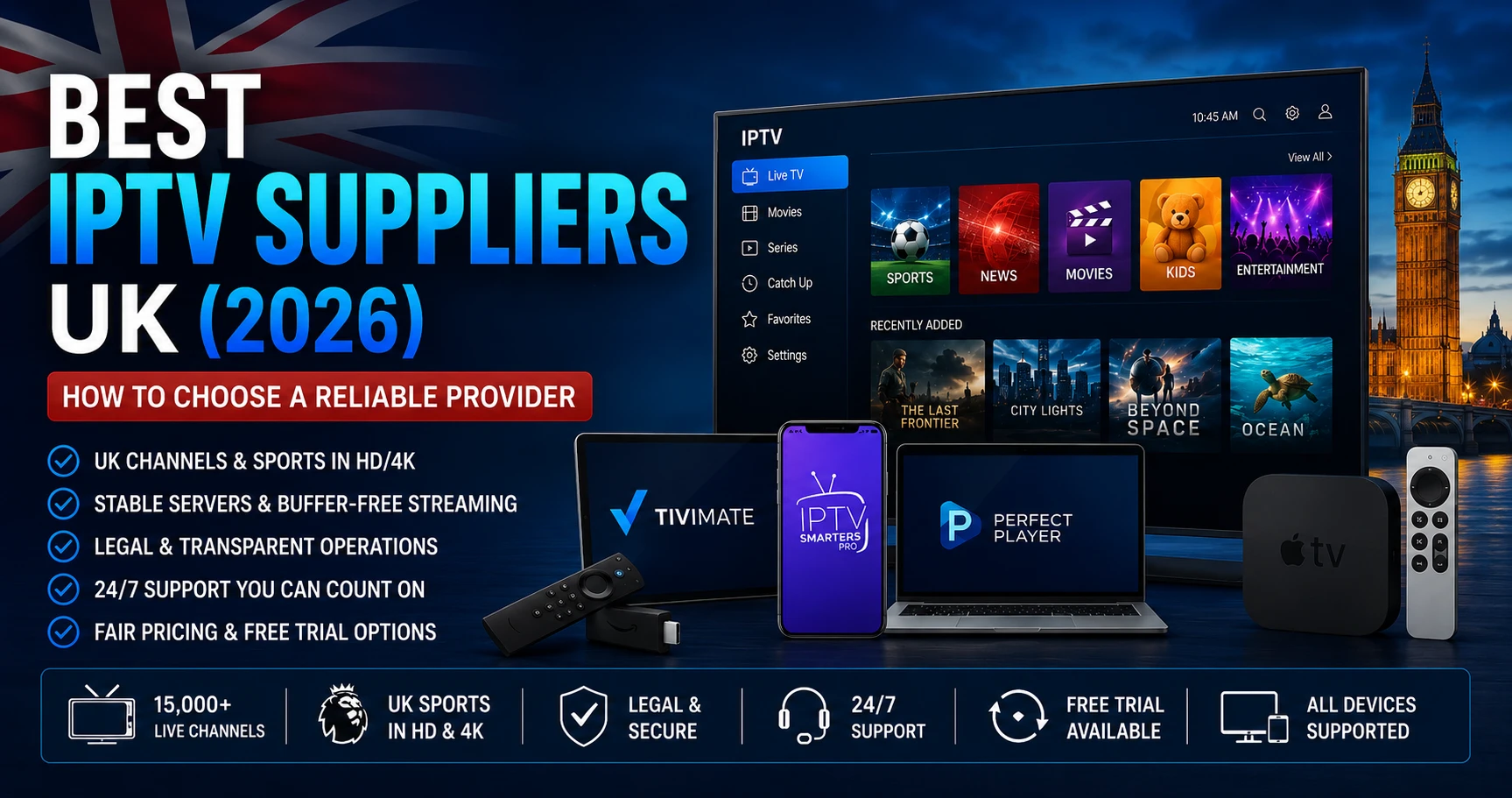 Criteria for judging UK IPTV suppliers: stable buffer-free servers, legal and transparent operation, 24/7 support and fair pricing