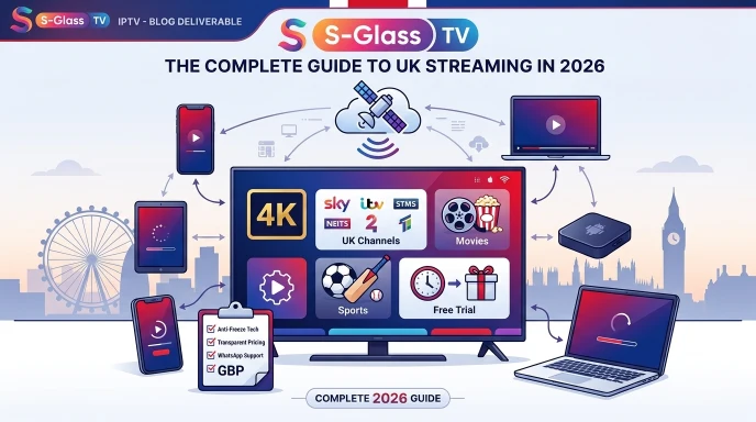 A smart TV, laptop, tablet and phone streaming UK channels, sports and films, with 4K badges and a London skyline backdrop