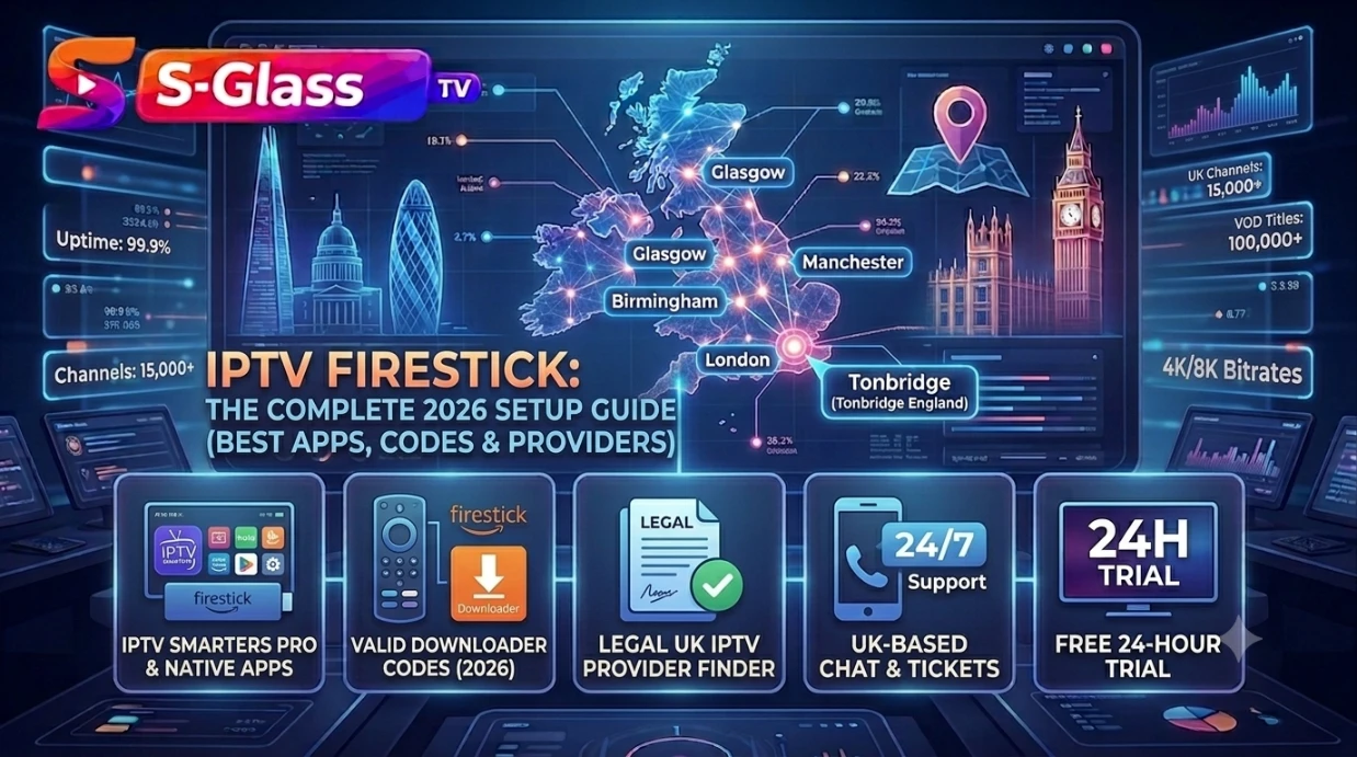 Firestick IPTV setup graphic showing valid downloader codes, a legal UK provider finder, UK-based chat support and a 24-hour free trial