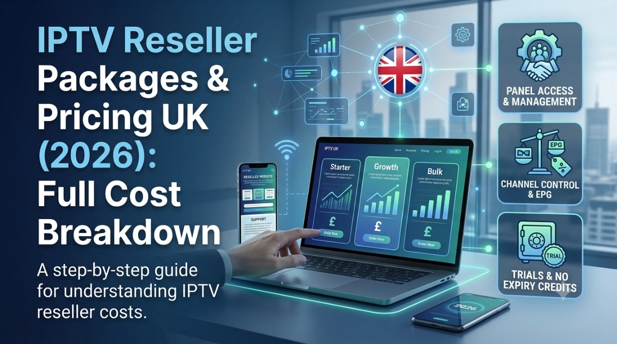 IPTV reseller cost breakdown covering panel access and management, credit control and pricing, channel lists, and trial options