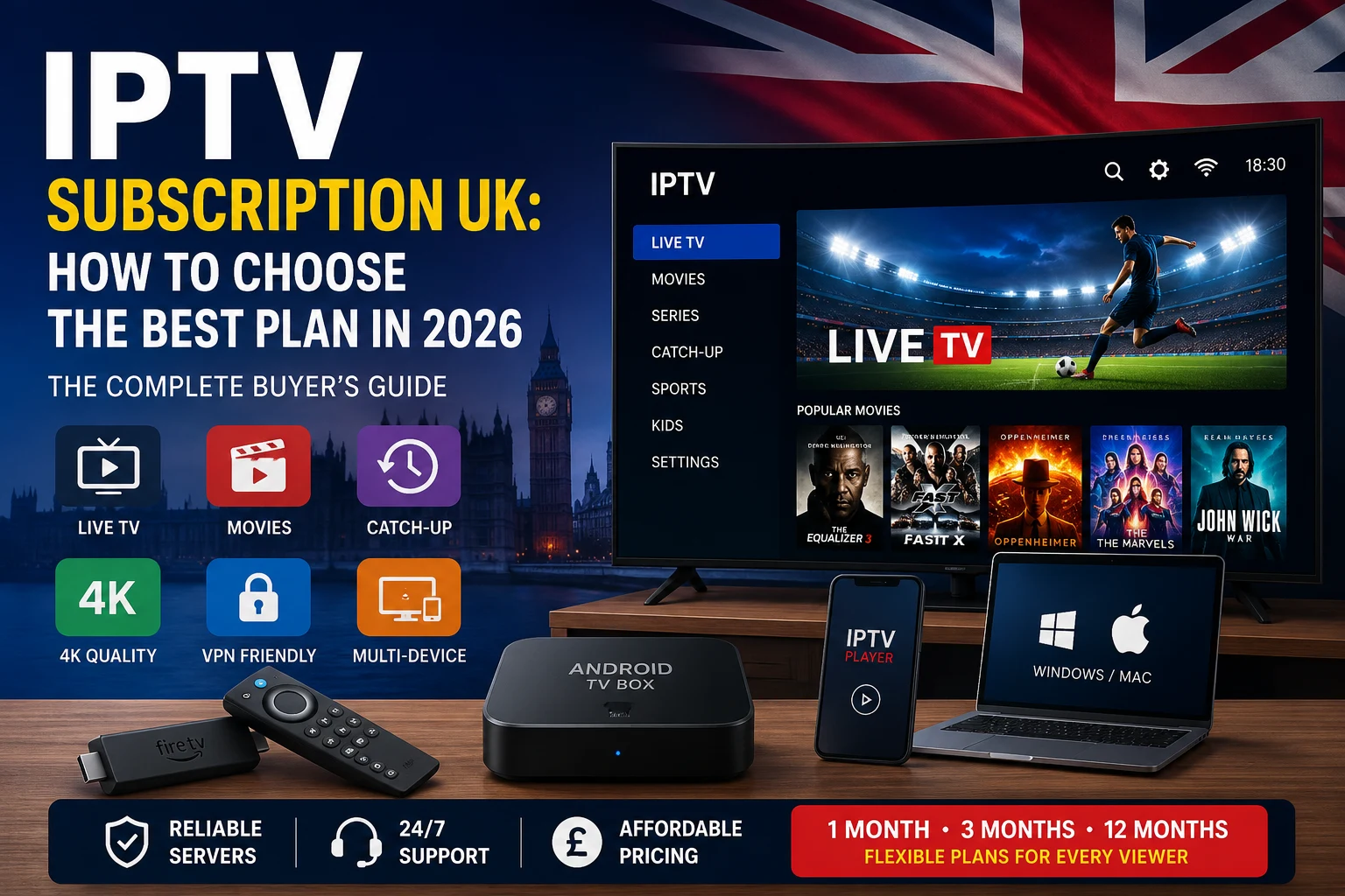 A smart TV showing live TV, films and sports beside icons for reliable servers, 24/7 support and affordable IPTV pricing
