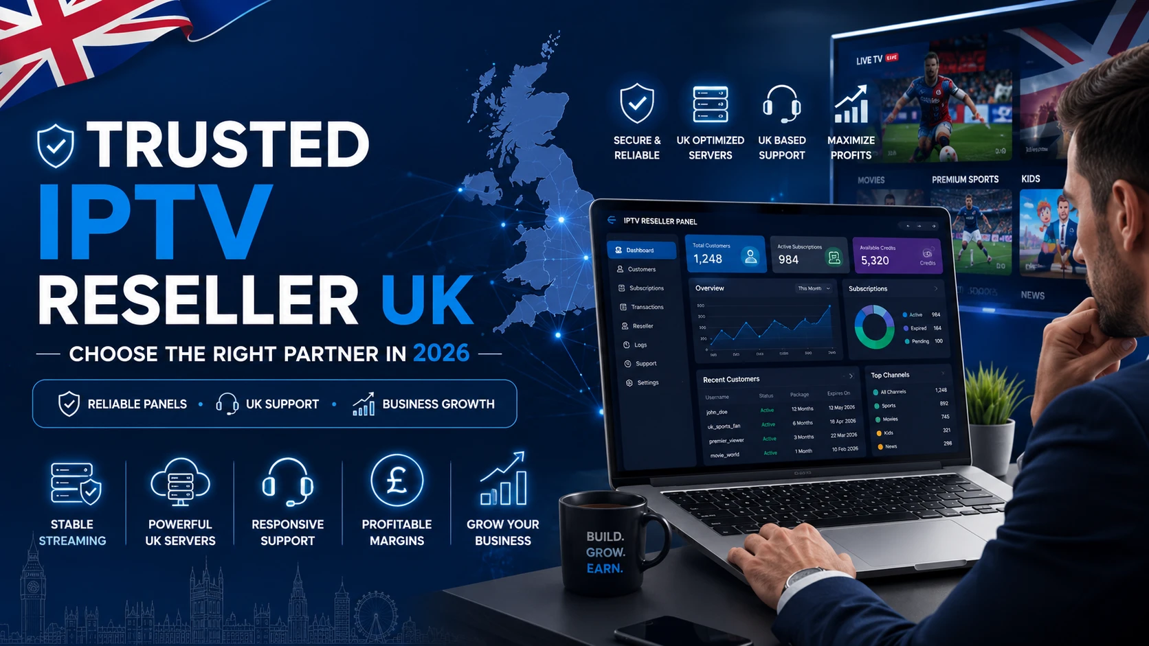 A person working at a laptop beside a world map of server locations, illustrating how to pick a trusted IPTV reseller partner