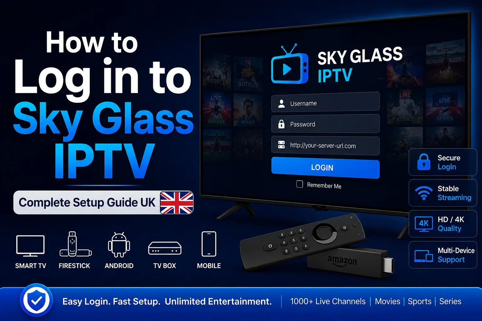 A Sky Glass IPTV login screen with username and password fields, alongside Smart TV, Firestick, Android, iOS and mobile device icons