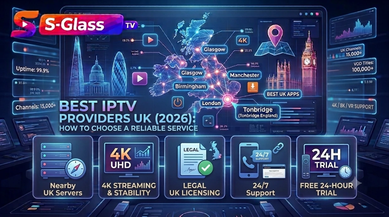 Graphic for choosing a UK IPTV provider, showing 4K streaming, legal UK licensing, 24/7 support and a free trial alongside a smart TV and mobile devices
