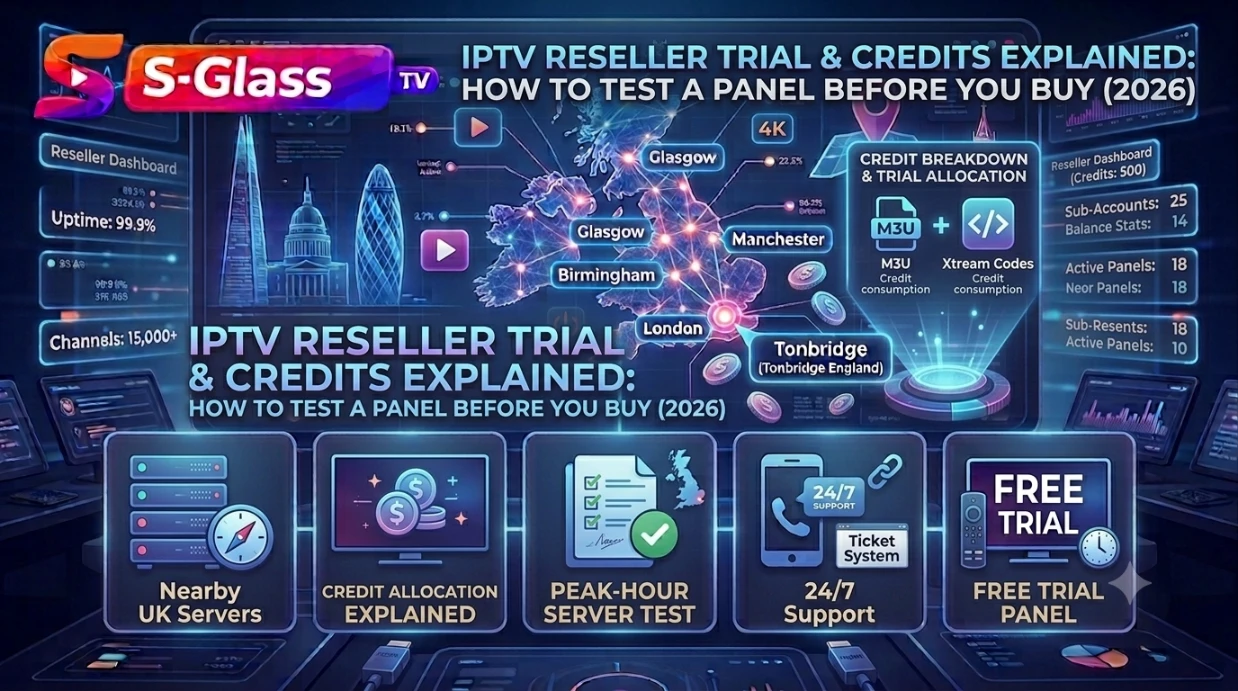 IPTV reseller trial explainer showing credit allocation, peak-hour server testing, 24/7 support and free trial panel access