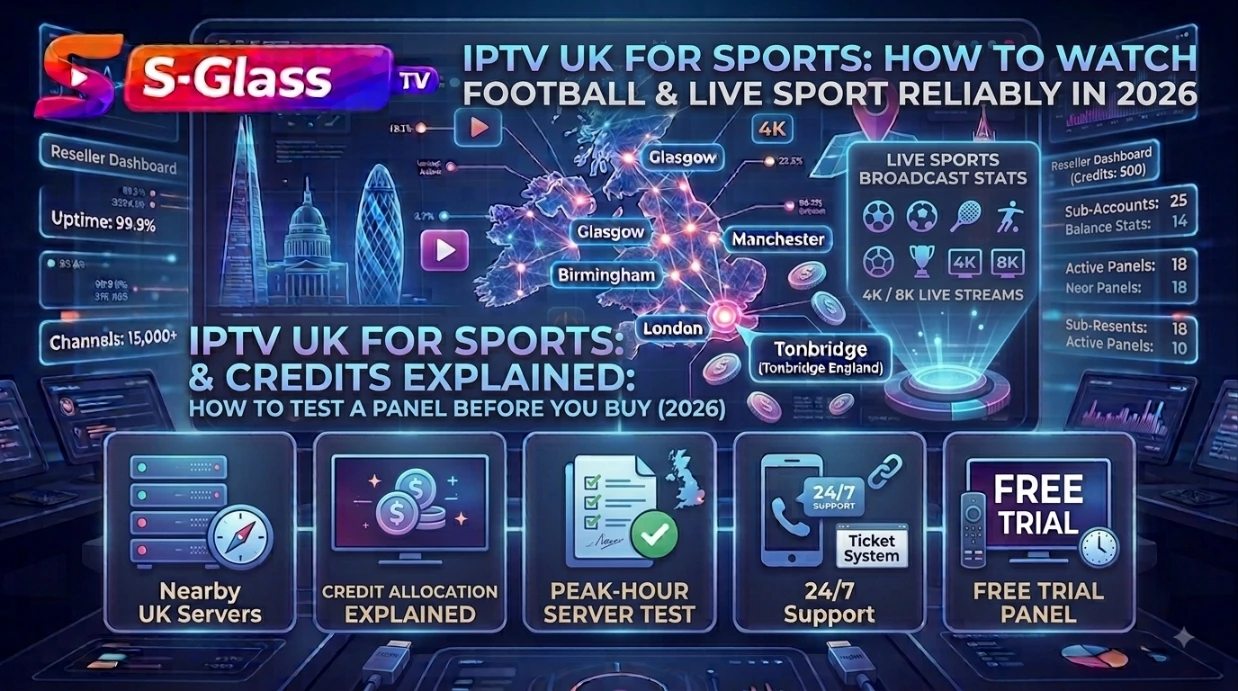 Live football and sport streaming graphic showing nearby UK servers, peak-hour server testing, 24/7 support and a free trial